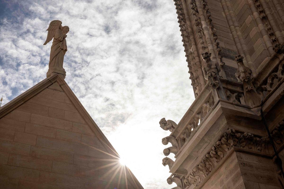 This photograph shows architectural details, gargoyles and chimeras of the towers of Notre Dame Cathedral in Paris, three days ahead of the Tours de Notre-Dame circuit reopening to the public following the 2019 fire that ravaged the cathedral, in Paris on September 17, 2025. (Photo by Guillaume BAPTISTE / AFP)