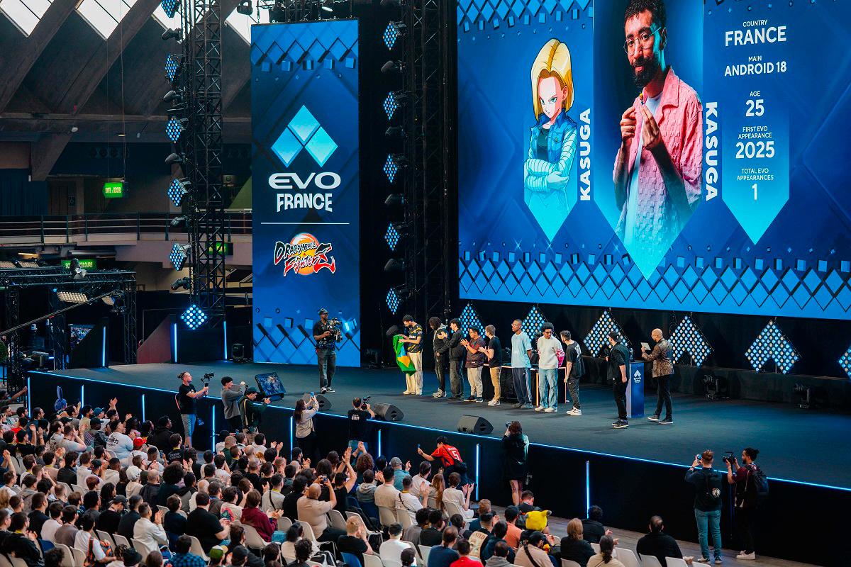 Players stand on the main stage during a Dragon Ball Z final event at the EVO France 2025 fighting game tournament in Nice, southern France on October 11, 2025. - Frederic DIDES / AFP
