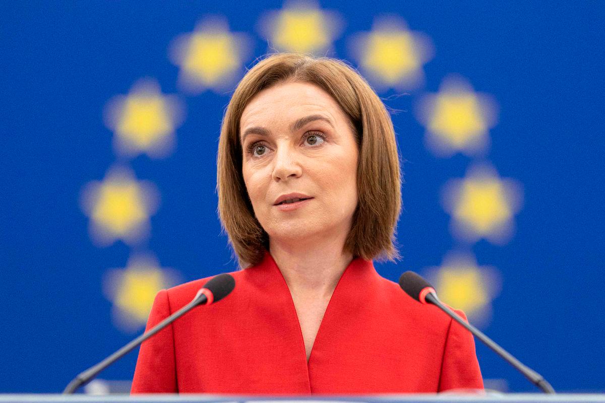 Moldova’s President Maia Sandu delivers a speech at the EU Parliament, in Strasbourg, north eastern France, on September 9, 2025. (Photo by ROMEO BOETZLE / AFP)