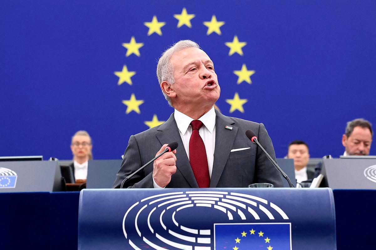 Jordanian King Abdullah II addresses members of European Parliament during a formal sitting in Strasbourg, eastern France, on June 17, 2025. (Photo by FREDERICK FLORIN / AFP)