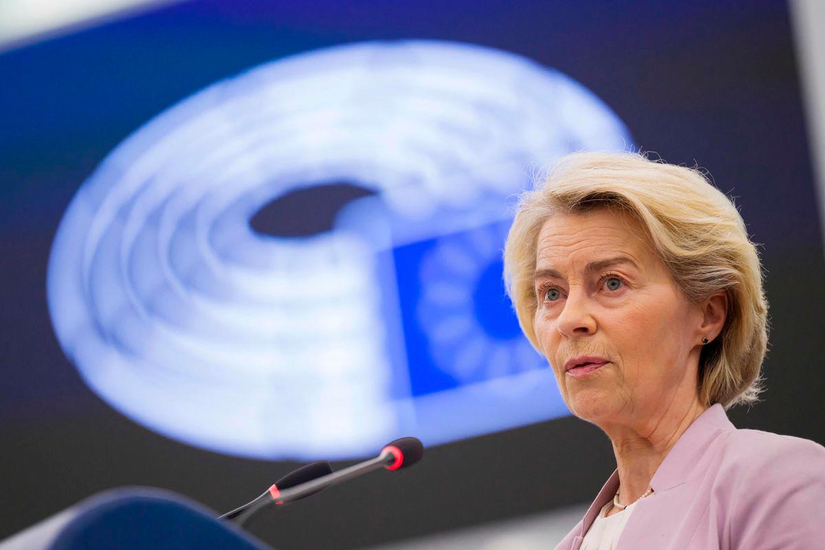 European Commission President Ursula von der Leyen gives a speech during a plenary session at the European Parliament, in Strasbourg on July 9, 2025. (Photo by Jean-Christophe VERHAEGEN / AFP)