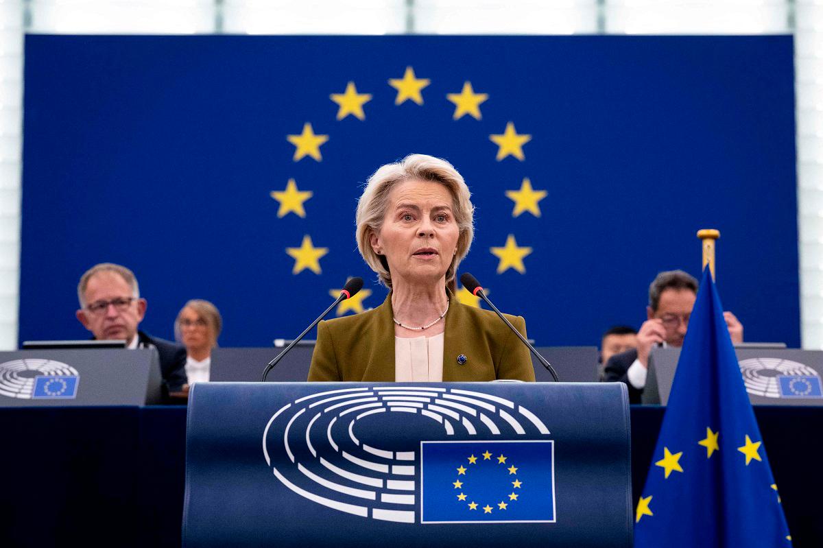 EU Commission President Ursula von der Leyen gives her annual State of the Union address during a plenary session at the European Parliament in Strasbourg, eastern France, on September 10, 2025. - SEBASTIEN BOZON / AFP