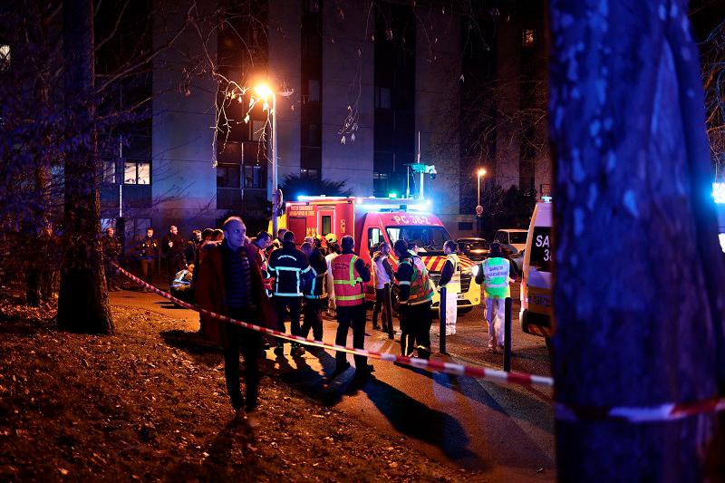 Emergency services work near the scene of an explosion at a bar where a grenade was thrown, in Grenoble, on February 12, 2025. At least nine people were injured, one seriously, after an explosion, possibly of criminal origin, in a bar in Grenoble on February 12, 2025. The explosion took place shortly after 8pm emergency services told AFP. A source close to the case mentioned a possible malicious act that could be due to a grenade. - Maxime GRUSS / AFP