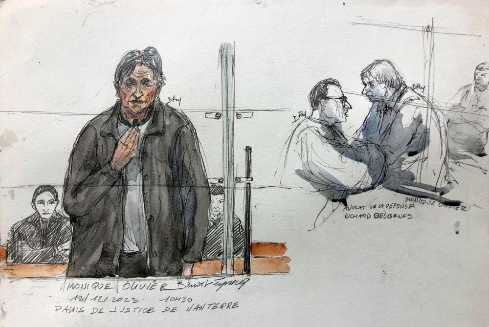 This court sketch made on December 19, 2023 shows Monique Olivier (C), ex-wife of serial killer Michel Fourniret during her trial at the Assize Court in Nanterre, western Paris/AFPPix