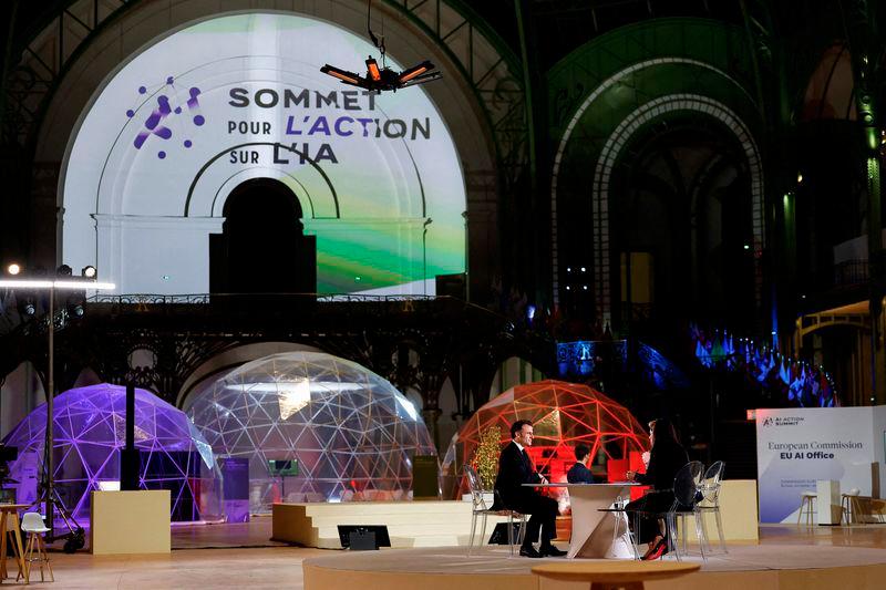 French President Emmanuel Macron answers journalists’ questions during an interview on the eve of the Artificial Intelligence (AI) Action Summit, at the Grand Palais - AFPpix