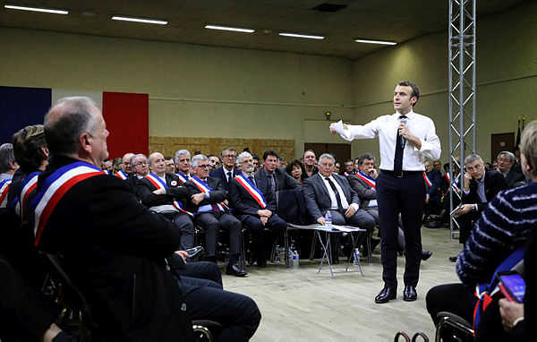 French President Emmanuel Macron addresses a meeting with some 600 mayors of Occitania to relay their constituent’s grievances on Jan 18, 2019 in Souillac, southern central France. — AFP