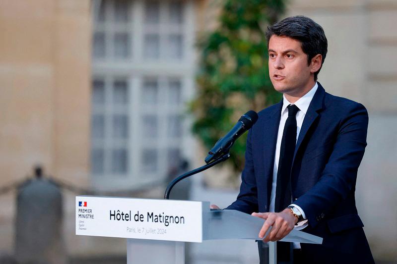 France’s Prime Minister Gabriel Attal gives a speech following the first results of the second round of France’s legislative election at Matignon in Paris on July 7, 2024. - AFPpix