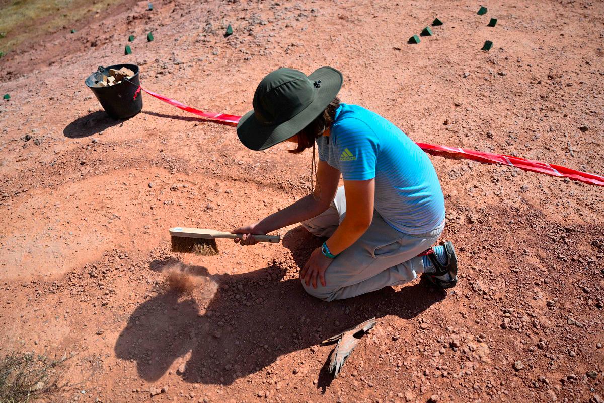 A person searches for dinosaur eggs at the Mount Sainte-Victoire site, near Aix-en-Provence in southern France, on June 25, 2025. - AFPpix