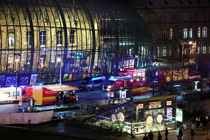 Firefighters’ and rescue vehicles are stationed outside the Strasbourg railway station following a collision of two trams, in Strasbourg, eastern France, on January 11, 2025. Two trams collided in a tunnel in the eastern French city of Strasbourg on January 11, 2025, injuring twenty people, the authorities said. “Twenty people” have been injured, said a spokesman for the prefecture, adding that the cause of the accident had not yet been established. - FREDERICK FLORIN / AFP