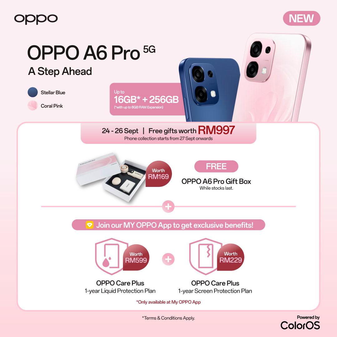 $!Pre-order the OPPO A6 Pro 5G from Sept 24–26 and enjoy free gifts worth RM997, including the exclusive OPPO A6 Pro Gift Box.