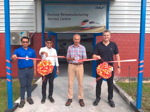 (From Left to Right) Naqeeb Bin Yusof, Service &amp; Railway Segment Manager, SKF Malaysia, Mohamad Saadiq, Operations Manager, SKF Bearing Industries, Malaysia, Manish Bhatnagar, President, SKF Industrial Region India &amp; Southeast Asia, and Hernán Bourbotte, Country Manager, SKF Malaysia cutting the ribbon at the launch of the Railway Remanufacturing Service Centre located at the SKF factory at Nilai, Negeri Sembilan, Malaysia.