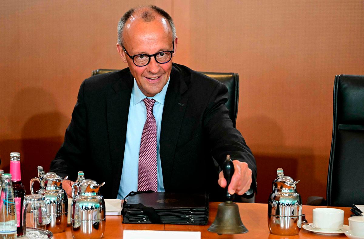 German Chancellor Friedrich Merz has taken seat to lead the weekly meeting of the German cabinet at the Chancellery in Berlin on July 2, 2025. (Photo by Tobias SCHWARZ / AFP)