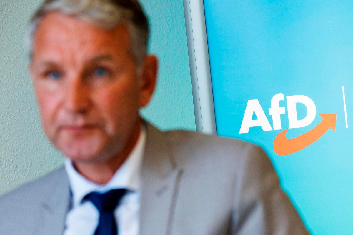 Bjoern Hoecke, regional chairman of the far-right Alternative for Germany (AfD) party in Thuringia and chairman of the AfD faction in the Thuringian state parliament, speaks during an interview with AFP in Erfurt, eastern Germany on September 16, 2025. - JENS SCHLUETER / AFP