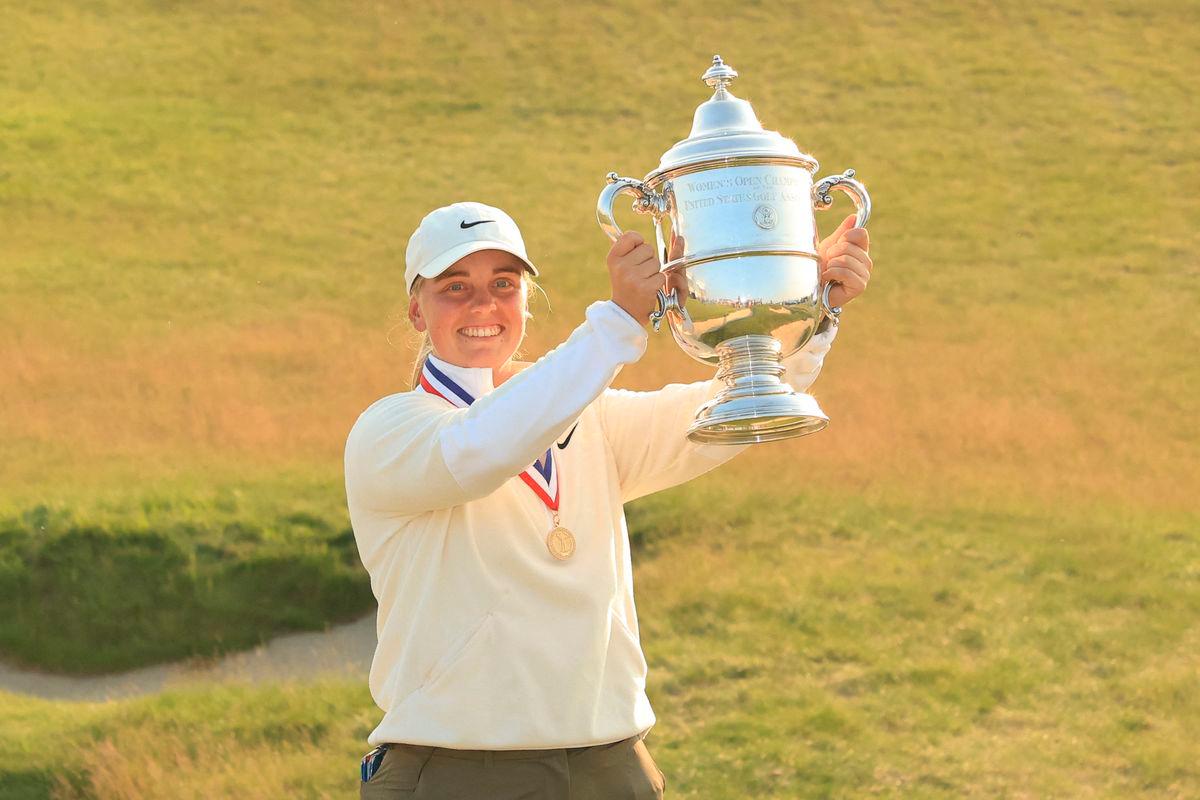 Maja Stark of Sweden poses with the Harton S. Semple Trophy after winning the final round of the U.S. Women’s Open presented by Ally 2025 at Erin Hills Golf Course on June 01, 2025 in Erin, Wisconsin. AFPpix