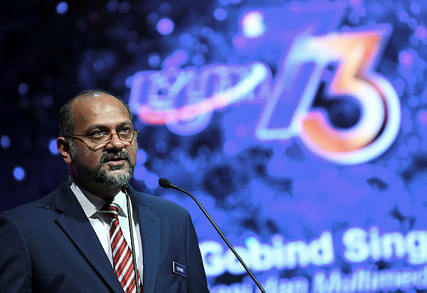 Communications and Multimedia Minister Gobind Singh Deo gives a speech at the 73rd anniversary celebration of RTM and the launch of the station’s news trial channel at Angkasapuri, Kuala Lumpur on April 1, 2019. — Bernama