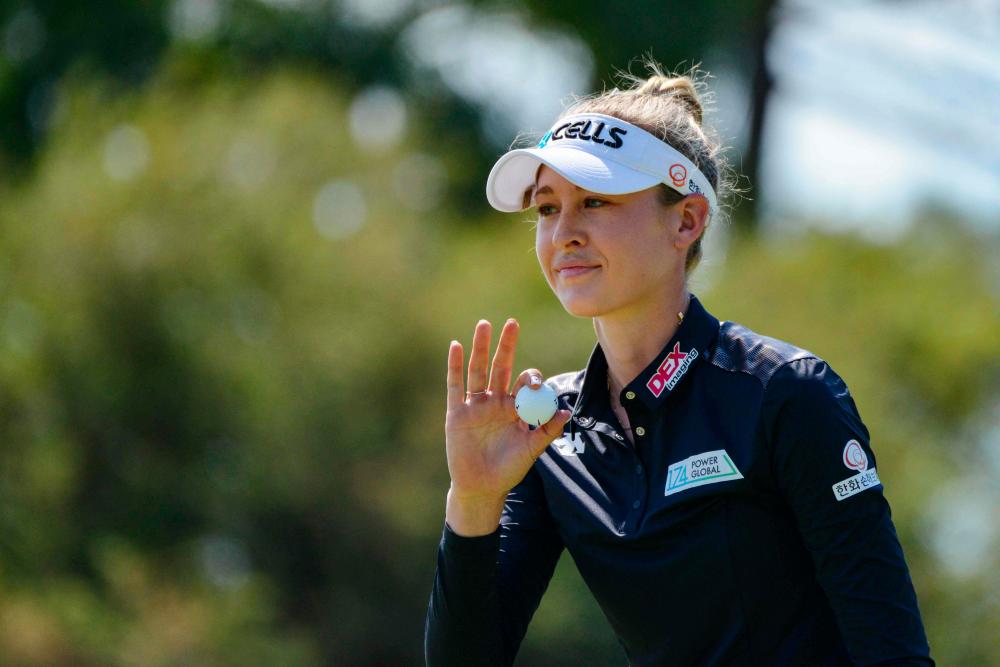 Nelly Korda of the US celebrates a birdie on the 11th during the final day of the women's LPGA Tour-sanctioned Australian Open golf championship at the Grange Golf Club in Adelaide on Feb 17, 2019. — AFP