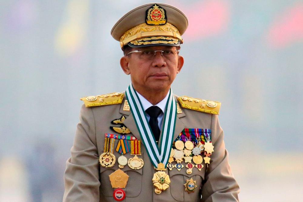 Myanmar’s junta chief Senior General Min Aung Hlaing, who ousted the elected government in a coup on February 1, presides an army parade on Armed Forces Day in Naypyitaw, Myanmar, March 27, 2021. REUTERSPix