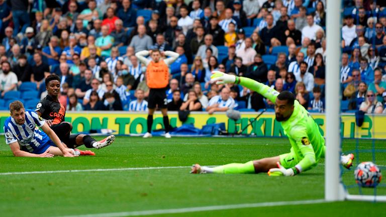 Everton’s Demarai Gray scores their first goal against Brighton during their English Premier League match at The American Express Community Stadium. – REUTERSPIX