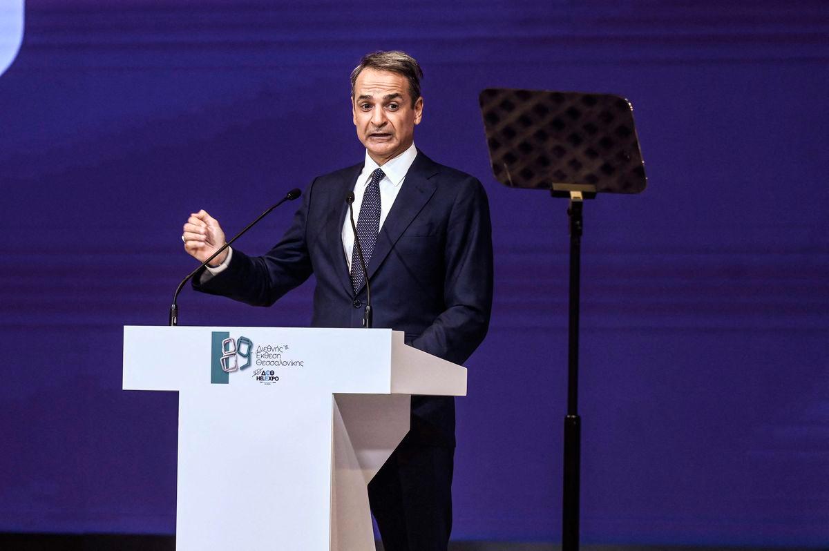 Greek Prime Minister Kyriakos Mitsotakis delivers a speech during the opening of the annual Thessaloniki International Fair (TIF) in Thessaloniki, northern Greece, on September 6, 2025. (Photo by SAKIS MITROLIDIS / AFP)