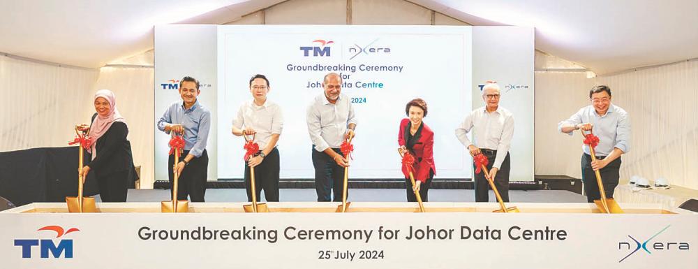 From left: TM Global executive vice-president Khairul Liza; Amar Huzaimi; Johor State Investment, Trade, Consumer Affairs and Human Resources Committee chairman Lee Ting; Gobind; Singapore’s Senior Minister of State for Trade and Industry and Culture, Community and Youth Low Yen Ling; Nxera chairman Kai Nargolwala; and Chang at the groundbreaking ceremony.