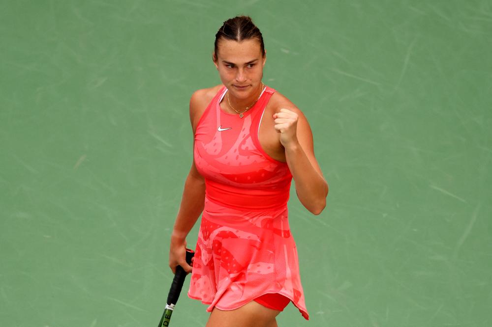 NEW YORK, NEW YORK - SEPTEMBER 06: Aryna Sabalenka of Belarus celebrates a point against Qinwen Zheng of China during their Women's Singles Quarterfinal match on Day Ten of the 2023 US Open at the USTA Billie Jean King National Tennis Center on September 06, 2023 - AFPPIX