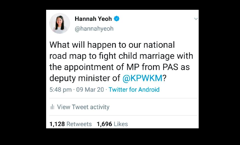 The tweet by Hannah Yeoh, which is now the subject of an investigation by police, after the Segambut MP was called to Bukit Aman to have her statement recorded.