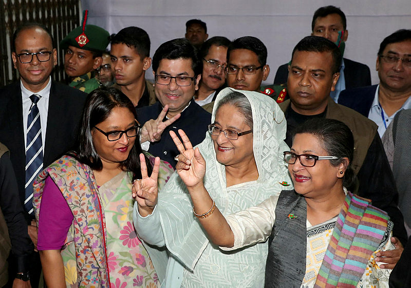 Prime Minister Sheikh Hasina gestures after casting her vote in the morning during the general election in Dhaka, Bangladesh, Dec 30, 2018. — AFP