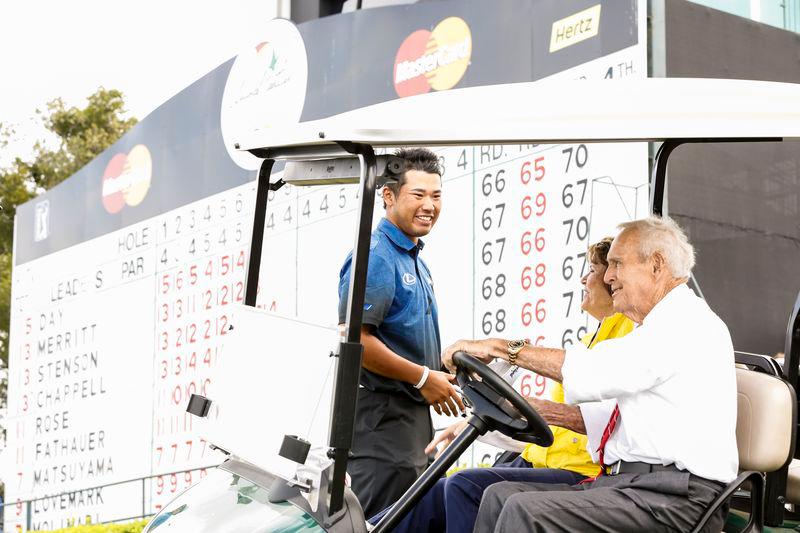 Hideki Matsuyama greets the late Arnold Palmer during the 2016 Arnold Palmer Invitational presented by Mastercard. Credit Getty Images