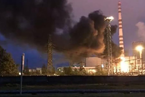 Screengrab from a video of the inferno at Rivne power plant in Ukraine on April 29, 2019 as emergency teams battled to bring high flames and toxic black smoke under control.