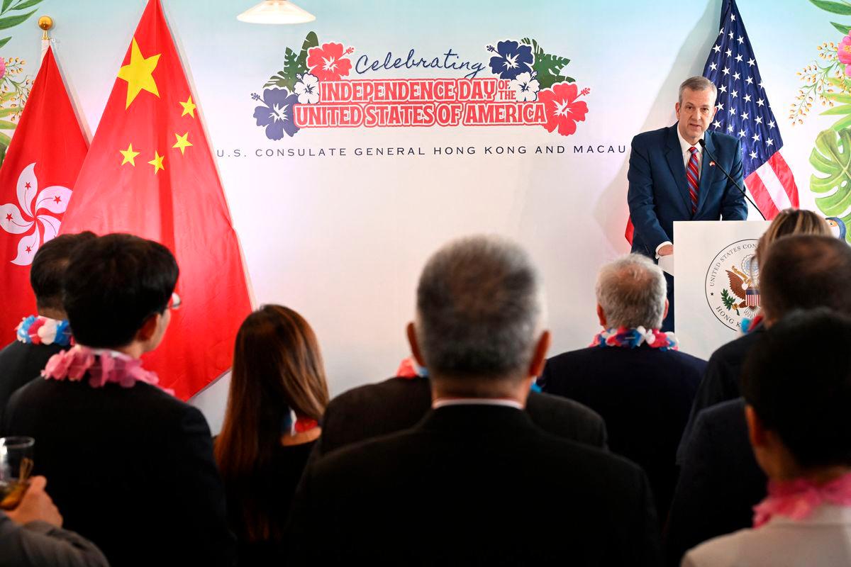 US Consul General Gregory May (R) speaks at a reception held by the US Consulate in Hong Kong to celebrate its upcoming July 4th Independence Day anniversary on June 26, 2025. (Photo by Peter PARKS / AFP)