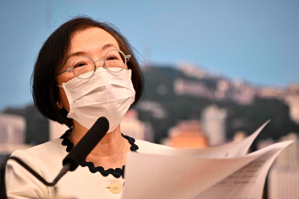 Hong Kong’s Secretary for Food and Health Sophia Chan speaks during a press conference on retightening precautionary measures against the Covid-19 coronavirus in Hong Kong on July 9, 2020, after the city saw a new local outbreak. — AFP