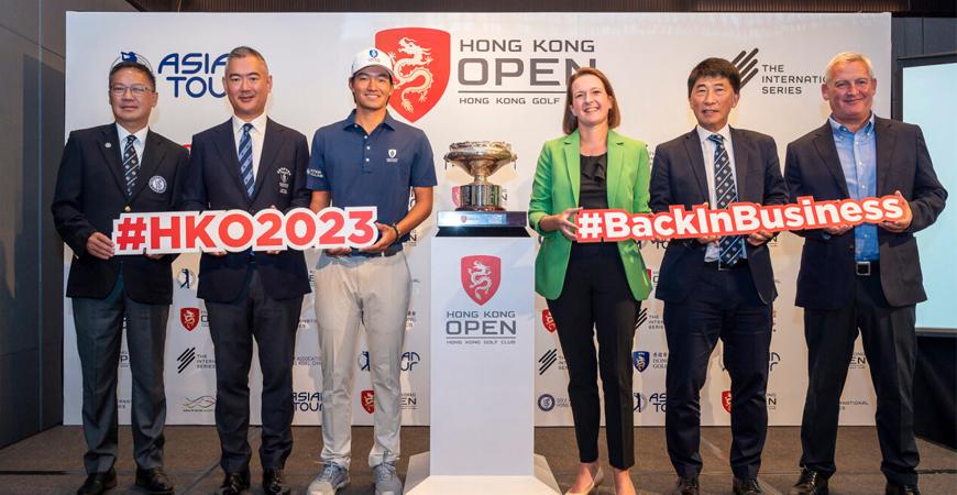 FROM LEFT TO RIGHT: Mr Danny Lai, Chief Executive Officer of the Golf Association of Hong Kong China; Mr Andy Kwok, Captain, Hong Kong Golf Club; Taichi Kho, professional golfer of Hong Kong, China; Ms Vicky Jones, Managing Director, Asia Pacific, Performance 54; Dr Kelvin Inge, Vice President and Chief Executive Officer of the Golf Association of Hong Kong China; and Mr David Rollo, Chief Operating Officer, Asian Tour joined today’s announcement press conference for the 2023 Hong Kong Open. – HONG KONG OPEN PIX