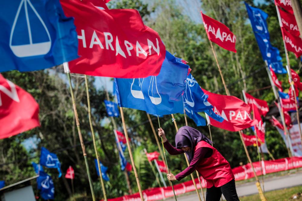 Pakatan Harapan volunteer Noor Soraya puts up Pakatan Harapan flags near Batu 26 Beranang, Hulu Langat, Selangor on Feb 21, 2019 in conjunction with the Semenyih by-election. — BBX