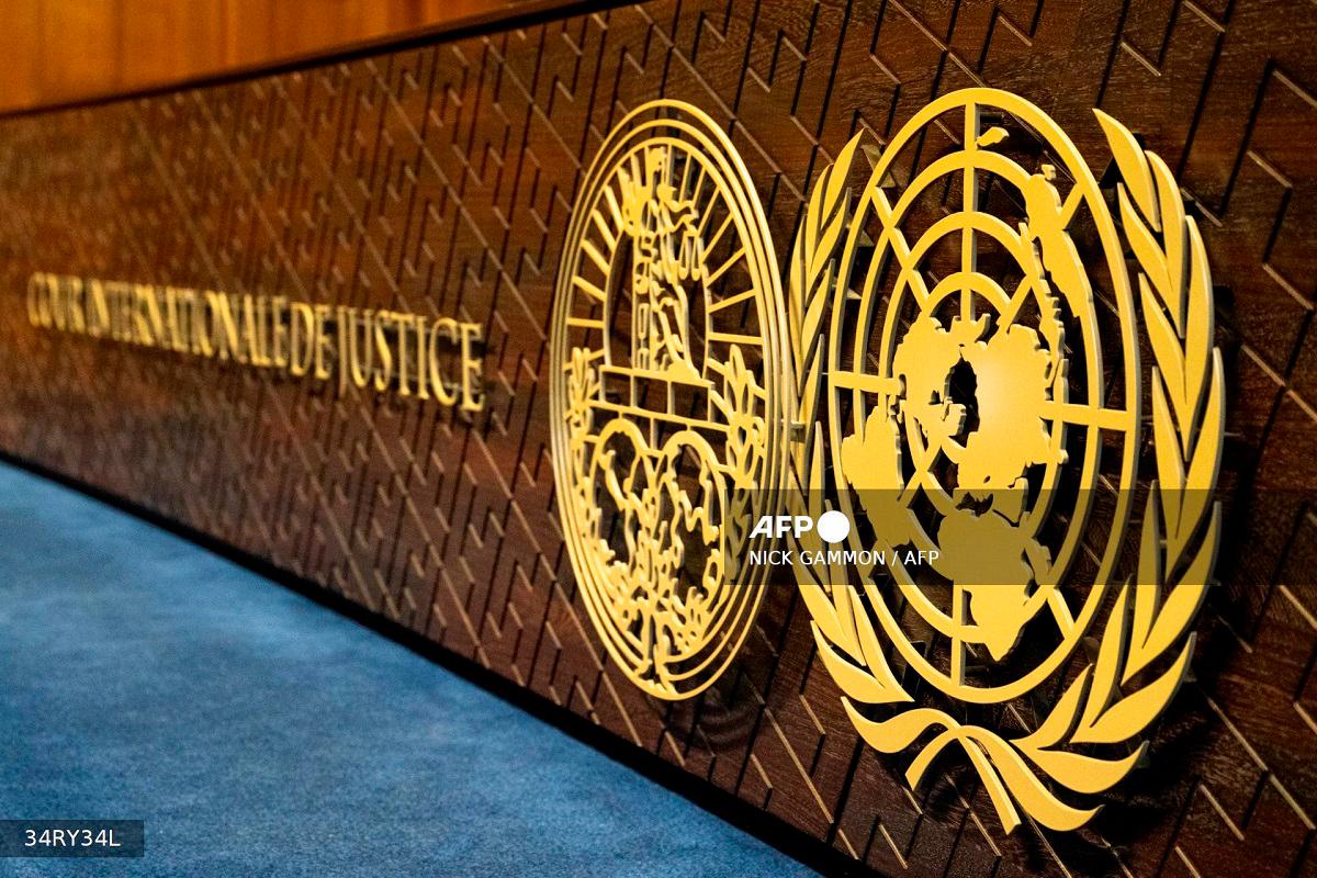 This photograph shows the International Court of Justice (ICJ) logo. - Nick Gammon / AFP