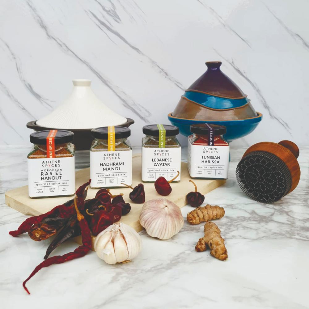 $!The range of spices from Athene Spices, with labels and packaging personally designed by Faten herself. – Courtesy of Faten Rafie