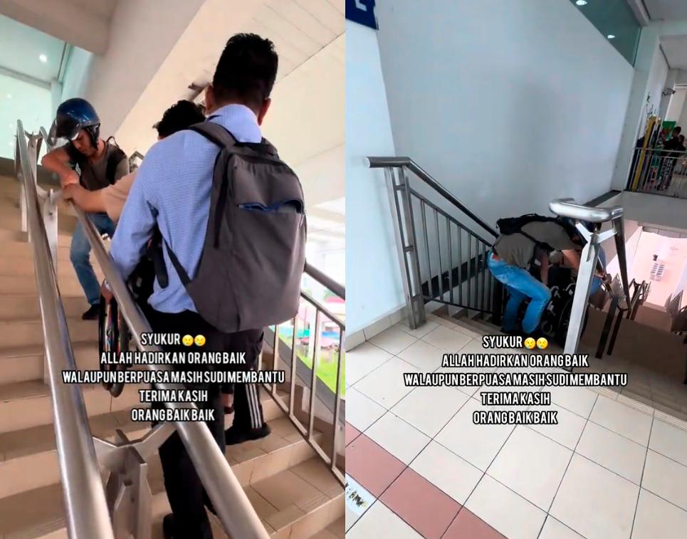 Kind-hearted men help wheelchair user by carrying him up the stairs at KTM Bukit Mertajam