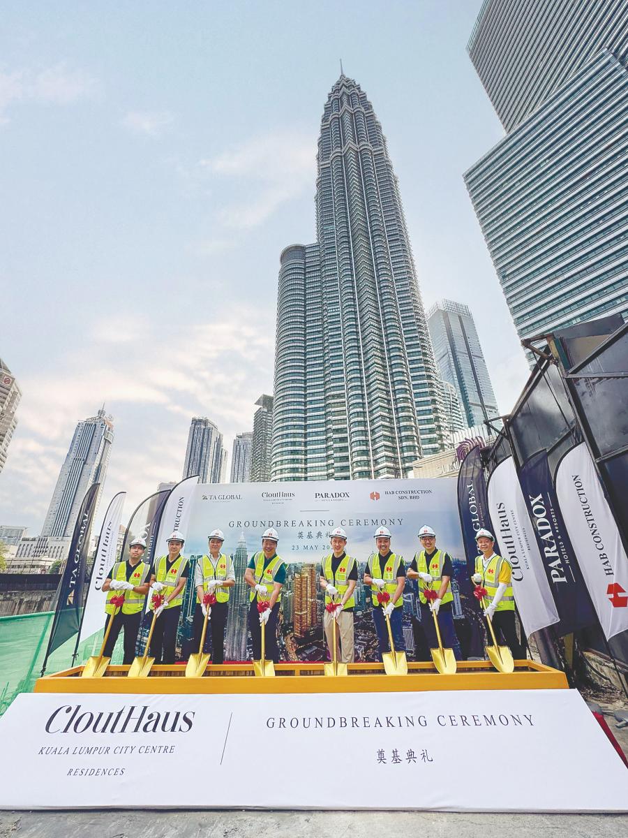 From left: TA Global Bhd senior manager Mohd Saiful Mohd Tajudin, TA Global CloutHaus project director Ernest Yeap, HAB Construction executive director Wilson Haw, Ong, Tiah, Lee, TA Global sales &amp; marketing director Ken Choy, and HAB Construction general manager OK Lim at the groundbreaking ceremony.