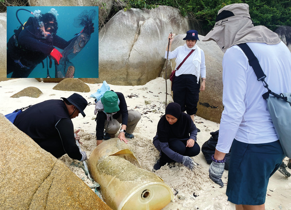 Volunteers removing a plastic drum from the beach and (inset) a diver retrieving rubbish from the seabed. - Credit: Yayasan Sime Darby
