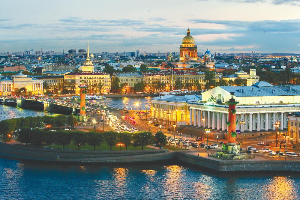 The city of St. Petersburg overlooks the Neva river, and is rich in history and culture with its many palaces and churches.