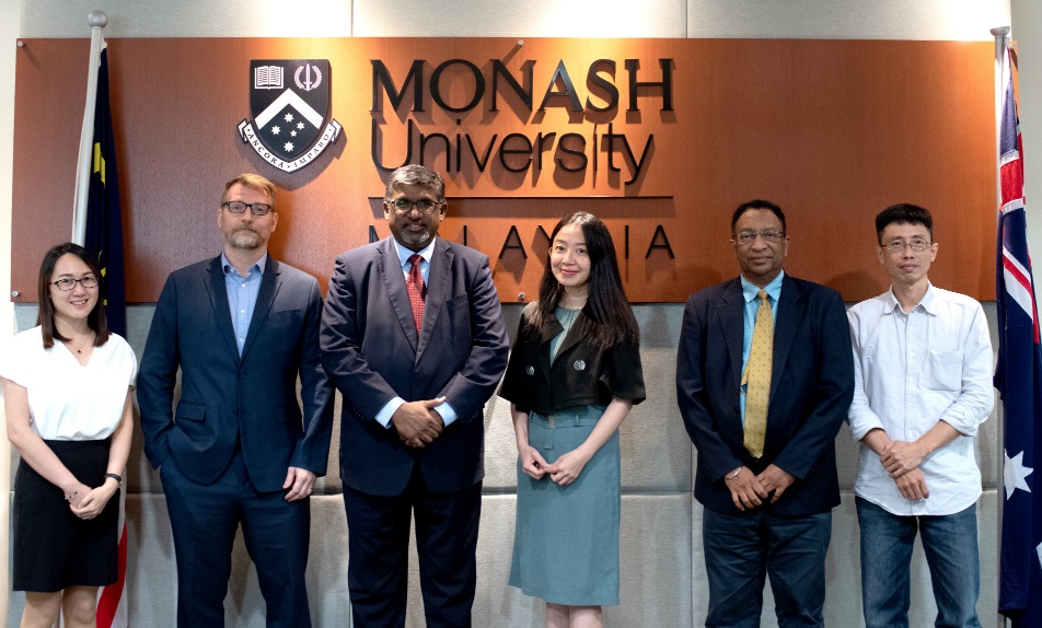 Nair (third from left) with recipients of the grant who are (from left) Dr Alice Chuah Lay Hong, Dr Joel David Moore, Associate Professor Grace Lee Hooi Yean, Professor Ishwar Parhar and Dr Song Beng Kah.