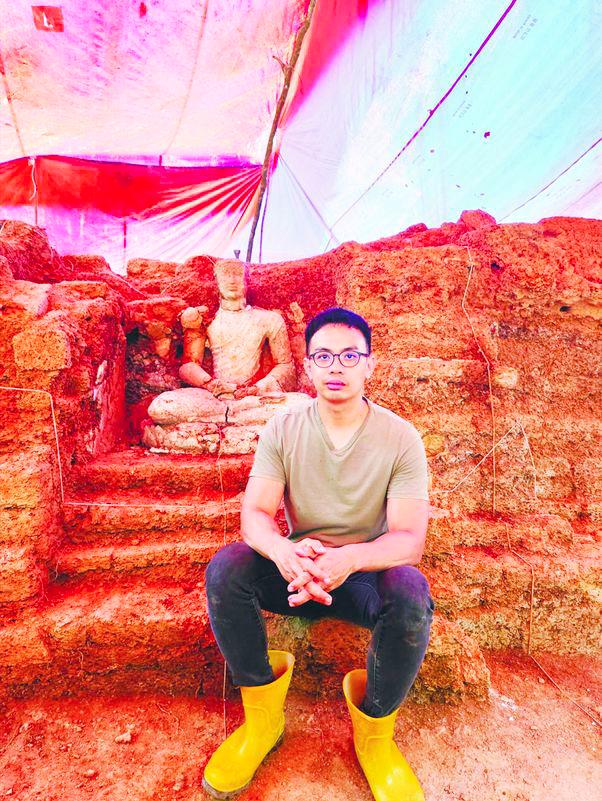 Parts of a newly discovered ancient structure lie exposed in the vicinity of a 1,200-year-old Buddhist stupa (inset) in Bukit Choras, Kedah, unearthed by archaeologist Dr Nasha Rodziadi Khaw (pic) and his team from USM. - Pix courtesy of Dr Nasha.