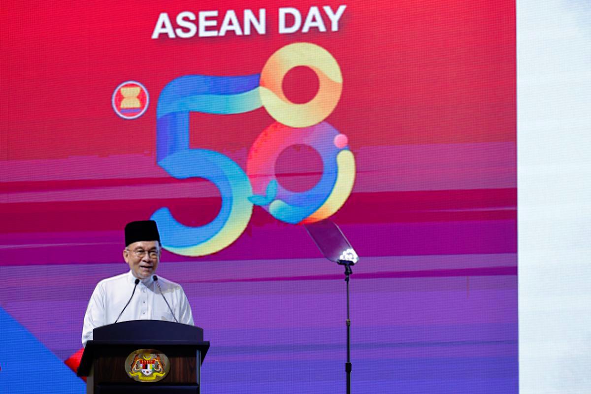 Anwar delivering his speech during the 58th Asean Day celebration 2025 in Cyberjaya. – BERNAMApix