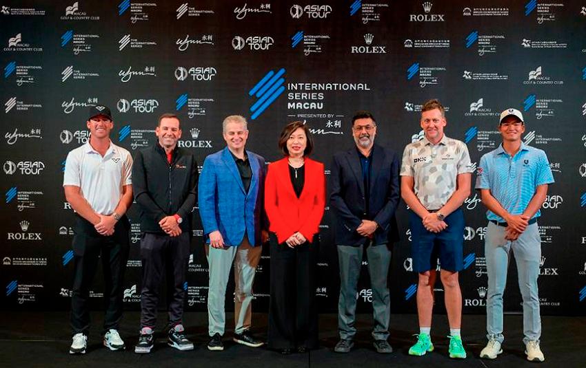 From left to right: Andy Ogletree, Sergio Garcia, Lawrence J. Burian, Linda Chen, Rahul Singh, Ian Poulter and Taichi Kho attended the press conference of International Series Macau presented by Wynn