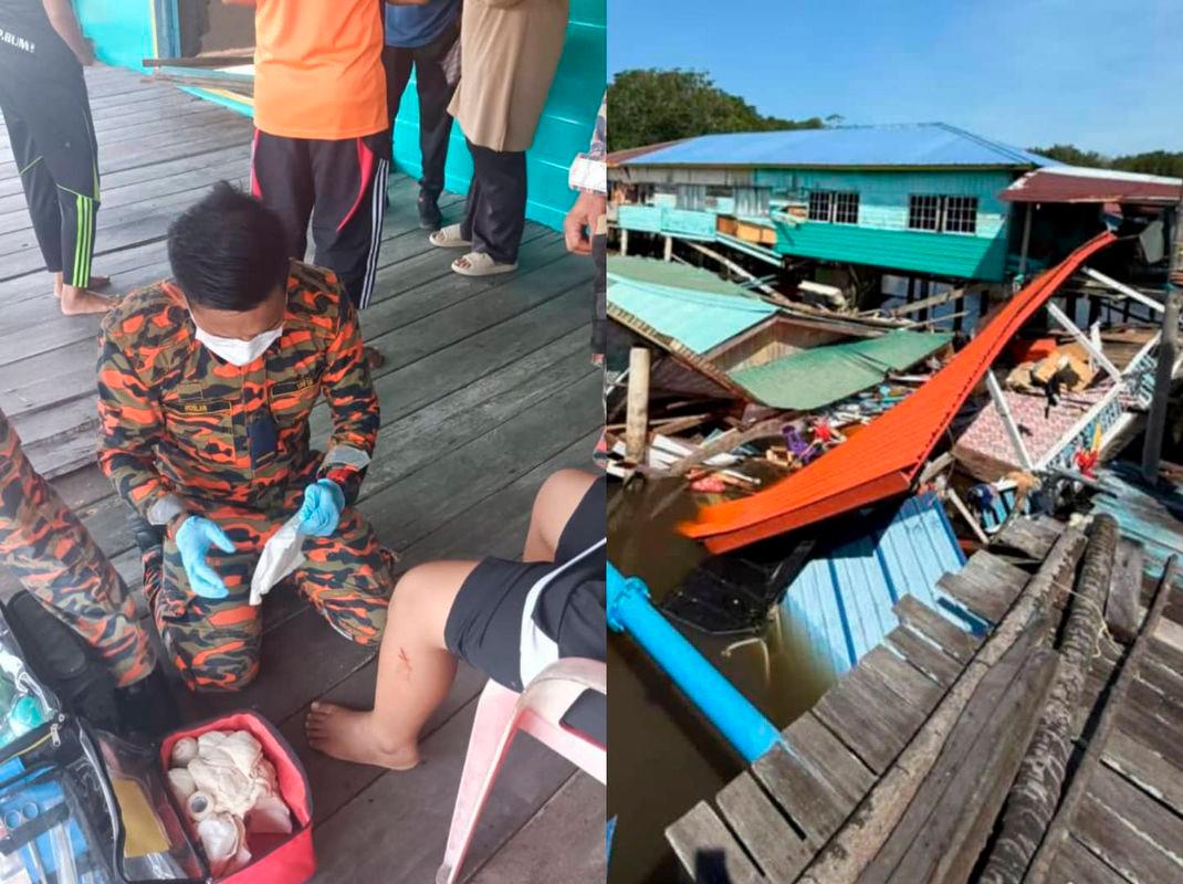 L: Rescuers treating one of two teen brothers who suffered minor scratches / R: The double storey house at Kampung Seberang Masjid Awat Awat collapsed into the river - Jabatan Bomba dan Penyelamat Malaysia Sarawak