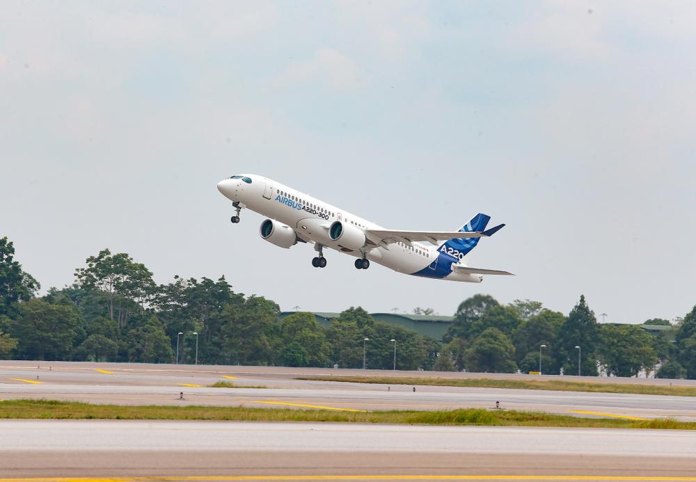 The Airbus A220-300 passenger aircraft arrived in Malaysia on Aug 3, 2019 as part of its two-week demonstration tour of the Asia-Pacific region. — Sunpix by Amirul Syafiq Mohd Din