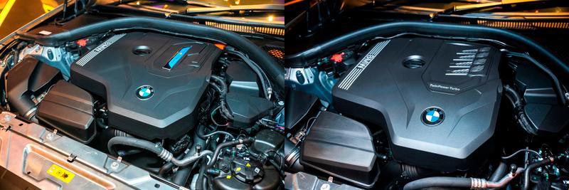 $!All 3 variants use the same 2-litre 4-cylinder turbocharged petrol engine tuned to different outputs, with the 330e M Sport having a hybrid powertrain (left) that includes an electric motor to boost total output to 292 ps/420 Nm.