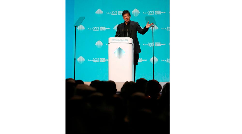 Imran Khan, Pakistani prime minister, gestures during the first day of the World Government Summit in Dubai, on Feb 10, 2019. — AFP