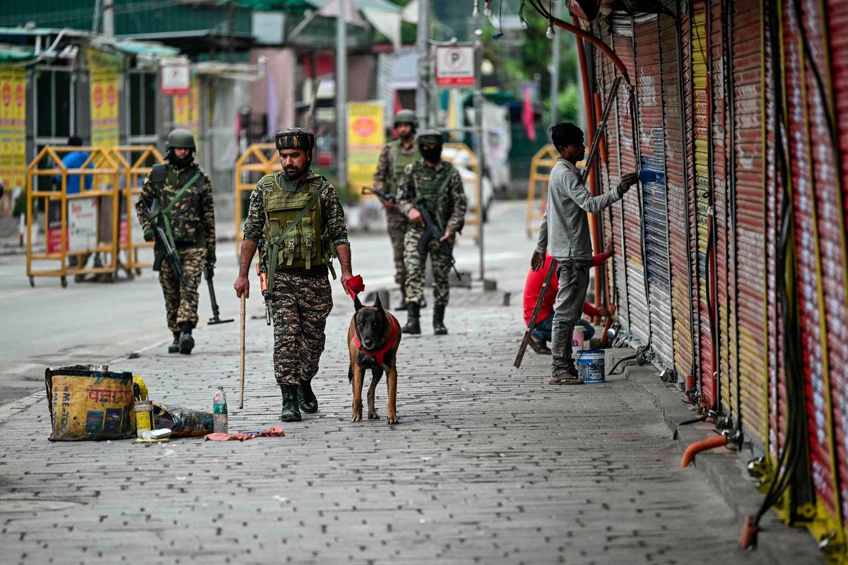 Indian paramilitary soldiers with a sniffer dog patrol at a marketplace in Srinagar on May 10, 2025. - AFPPIX