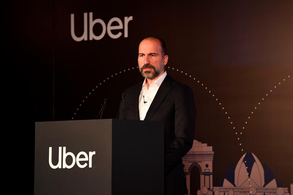 Uber CEO Dara Khosrowshahi addresses a press conference in New Delhi on Oct 22, 2019. -AFPPIX