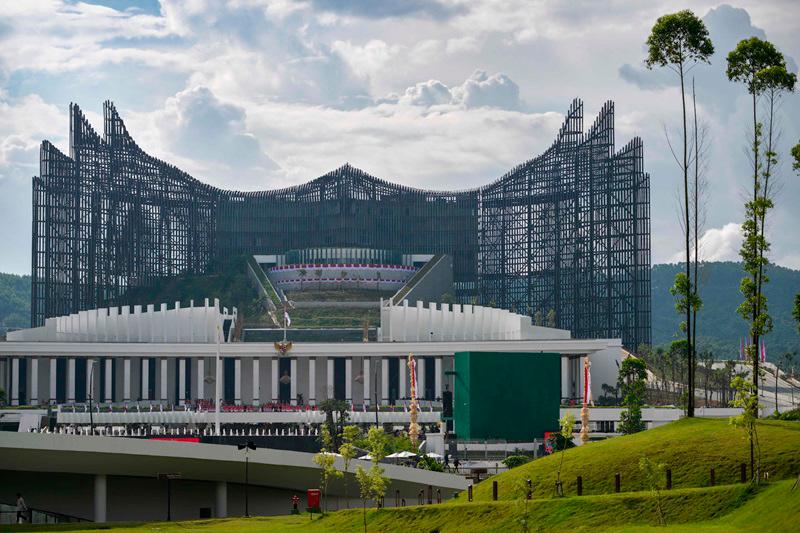 A general view shows the presidential palace during celebrations marking Indonesia's 79th Independence Day in the future capital Nusantara, in Sepaku, Penajam Paser Utara, East Kalimantan, on August 17, 2024. - (Photo by BAY ISMOYO / AFP)